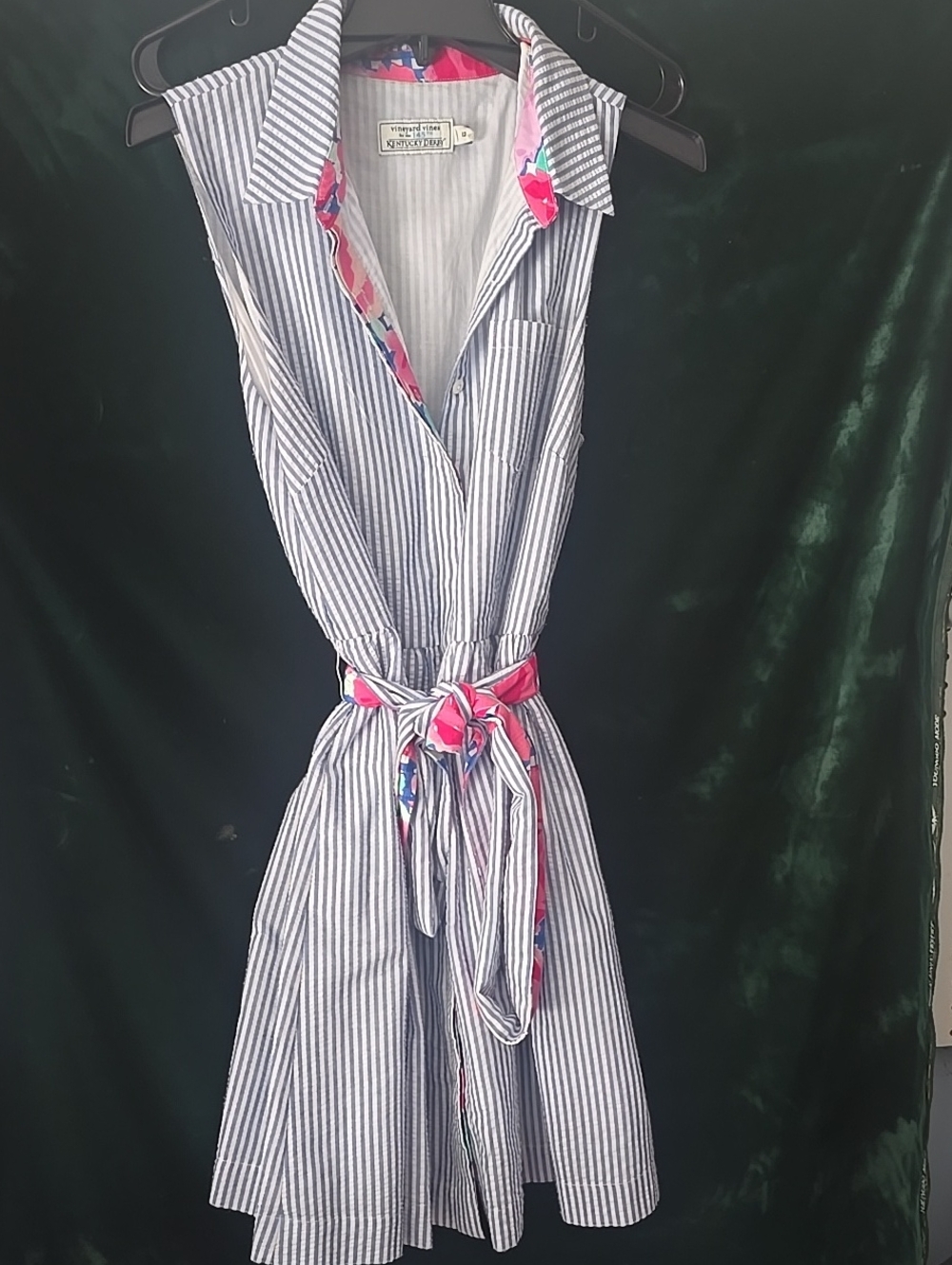Striped Sleeveless Shirt Dress with Pink Floral Trim
